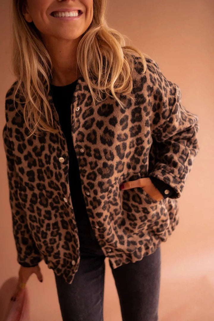 Laura | Classic Leopard Print Snap-Front Bomber Jacket