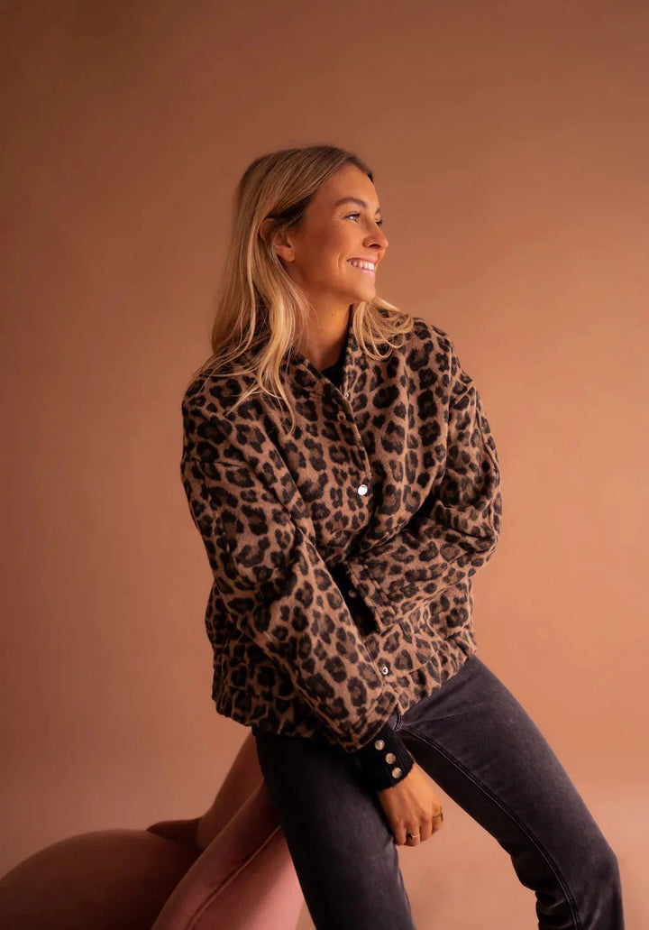 Laura | Classic Leopard Print Snap-Front Bomber Jacket