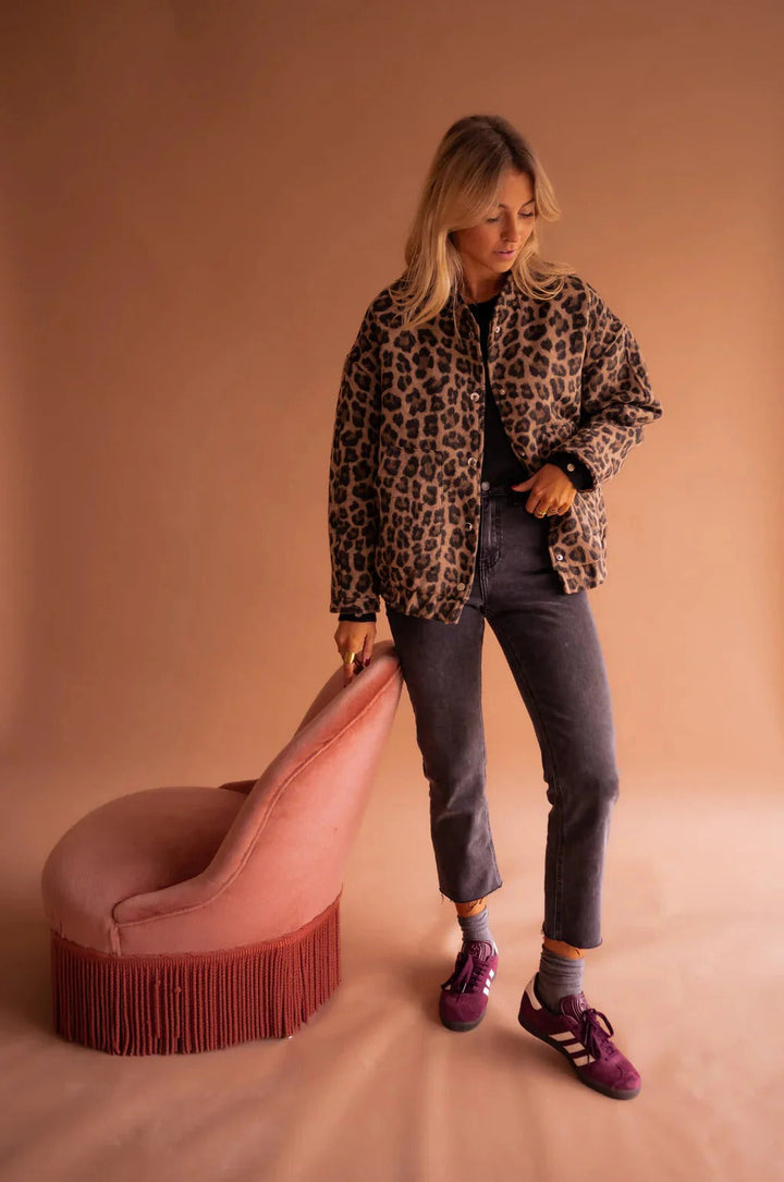 Laura | Classic Leopard Print Snap-Front Bomber Jacket