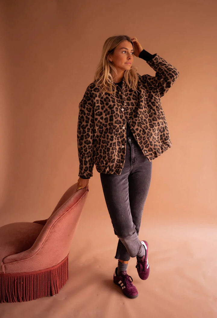 Laura | Classic Leopard Print Snap-Front Bomber Jacket