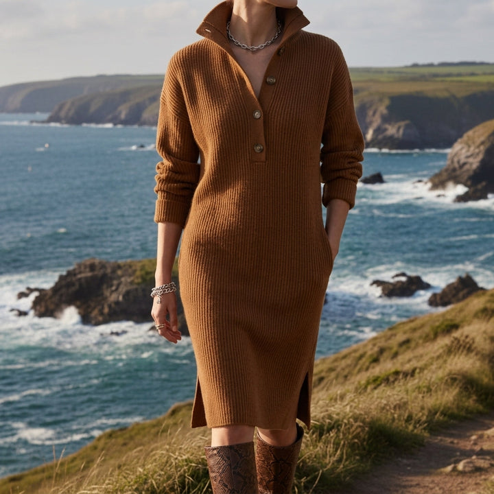 Laura | Classic Ribbed Collared Long Sleeve Sweater Dress