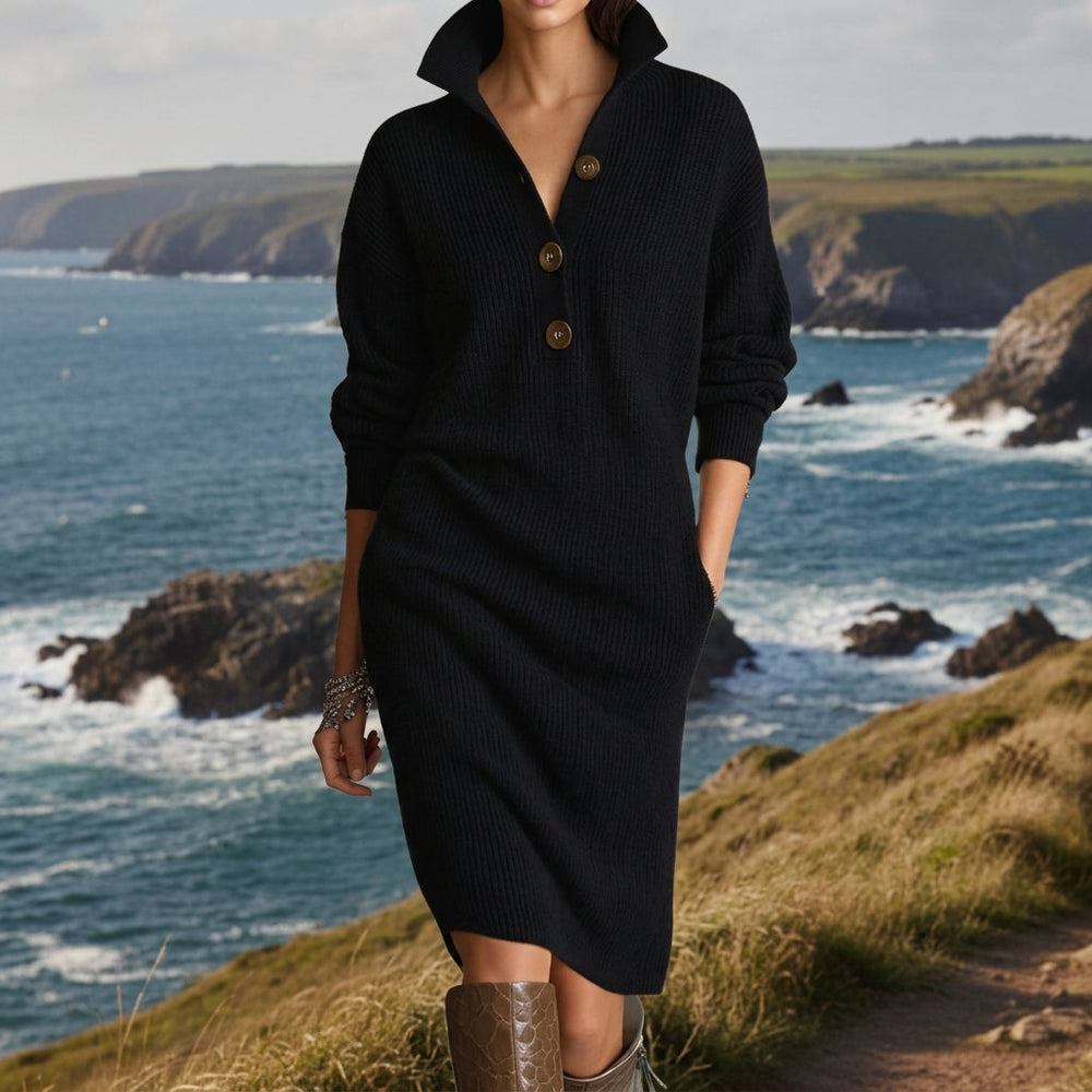 Laura | Classic Ribbed Collared Long Sleeve Sweater Dress