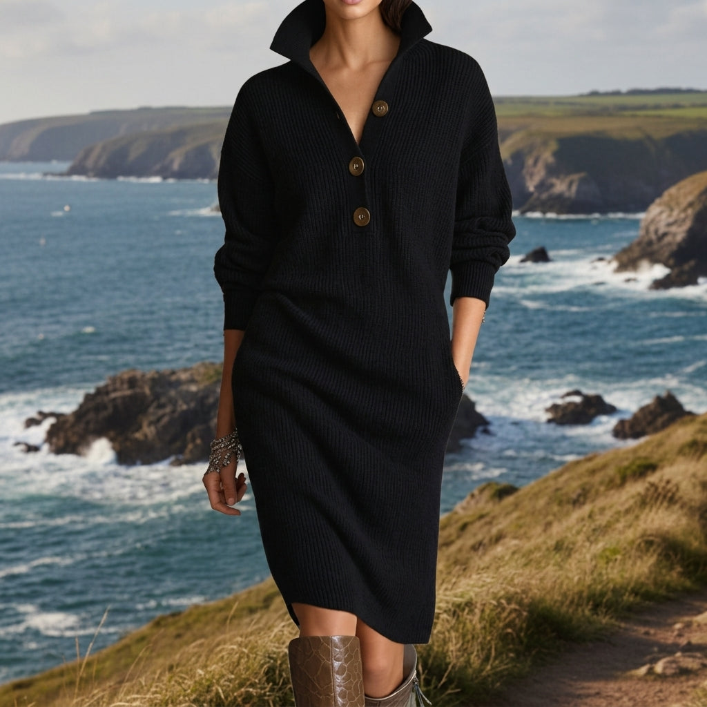 Laura | Classic Ribbed Collared Long Sleeve Sweater Dress