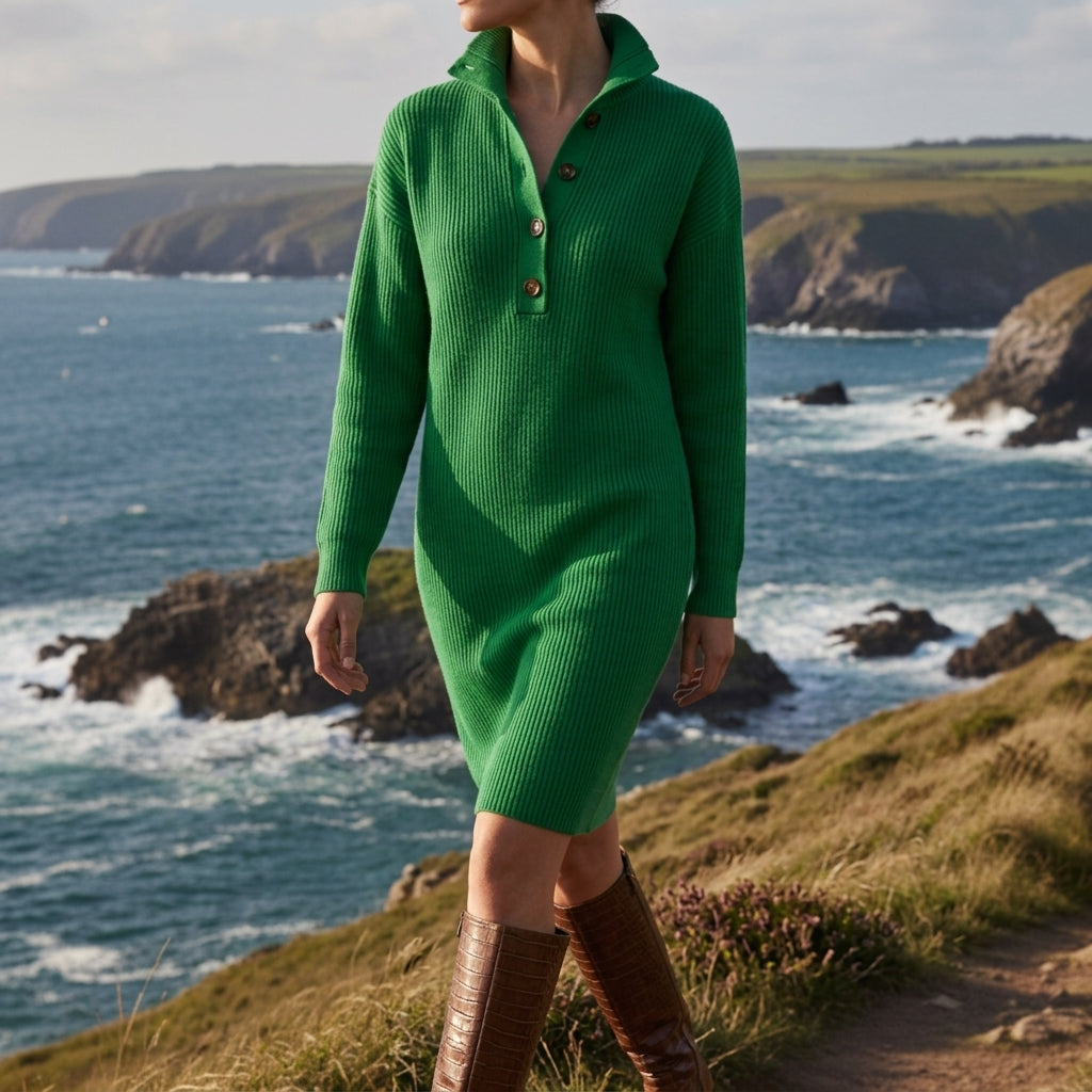 Laura | Classic Ribbed Collared Long Sleeve Sweater Dress