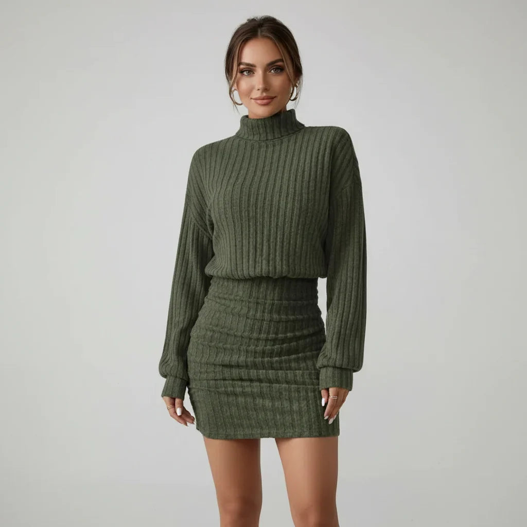 Laura | Polished Ribbed Turtleneck Long Sleeve Sweater Dress