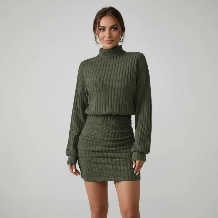 Laura | Polished Ribbed Turtleneck Long Sleeve Sweater Dress