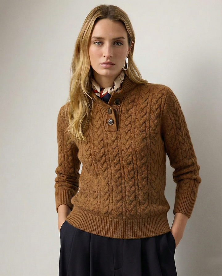 Laura | Relaxed Cable Knit Button-Up Turtleneck Sweater