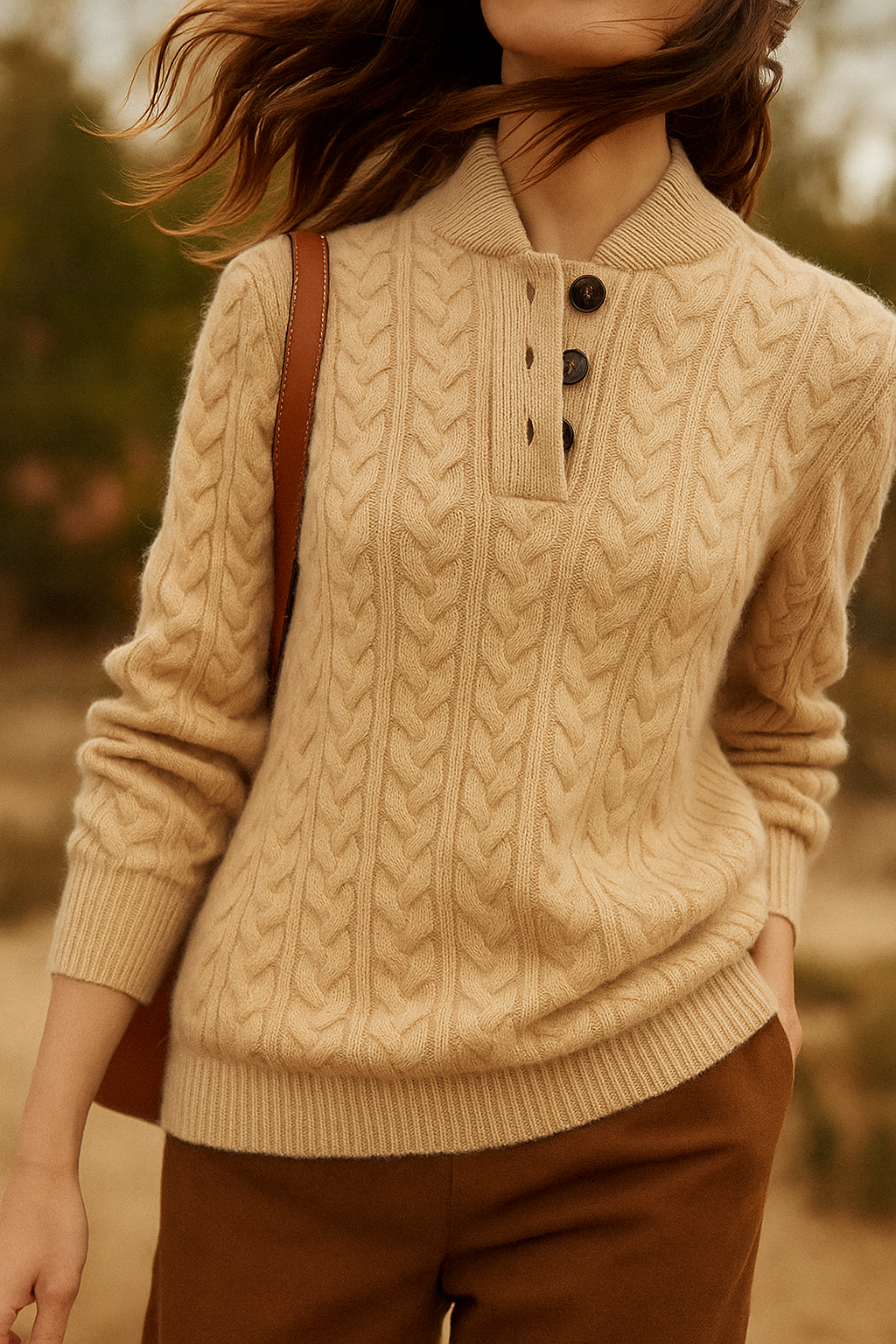 Laura | Relaxed Cable Knit Button-Up Turtleneck Sweater