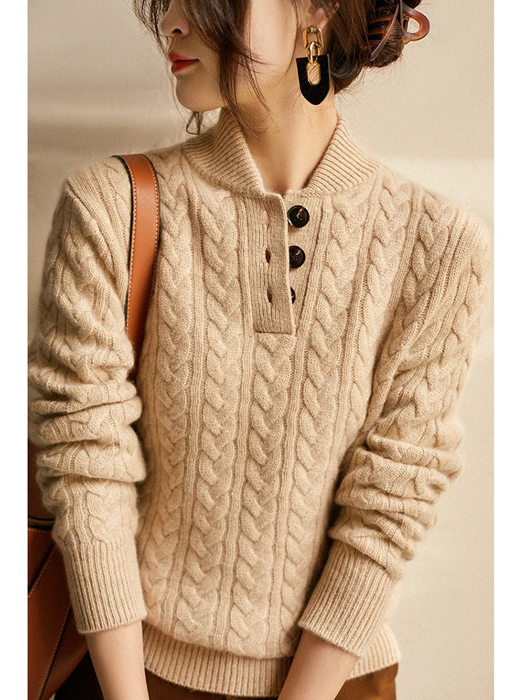 Laura | Relaxed Cable Knit Button-Up Turtleneck Sweater