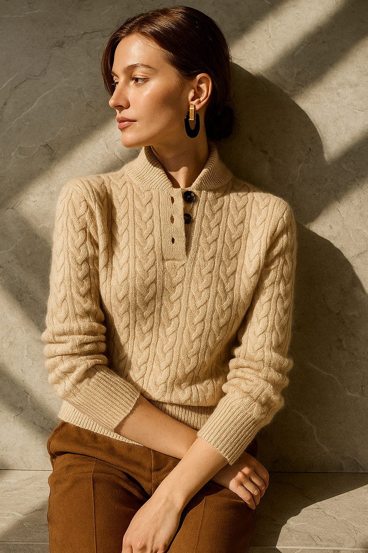 Laura | Relaxed Cable Knit Button-Up Turtleneck Sweater