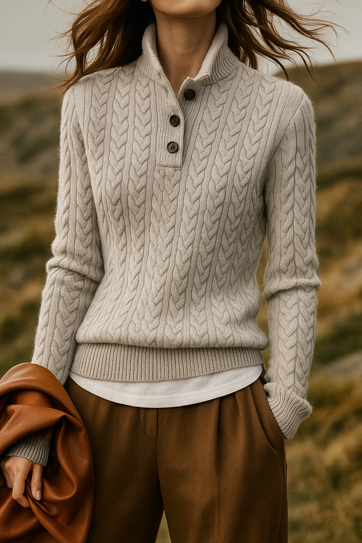 Laura | Relaxed Cable Knit Button-Up Turtleneck Sweater