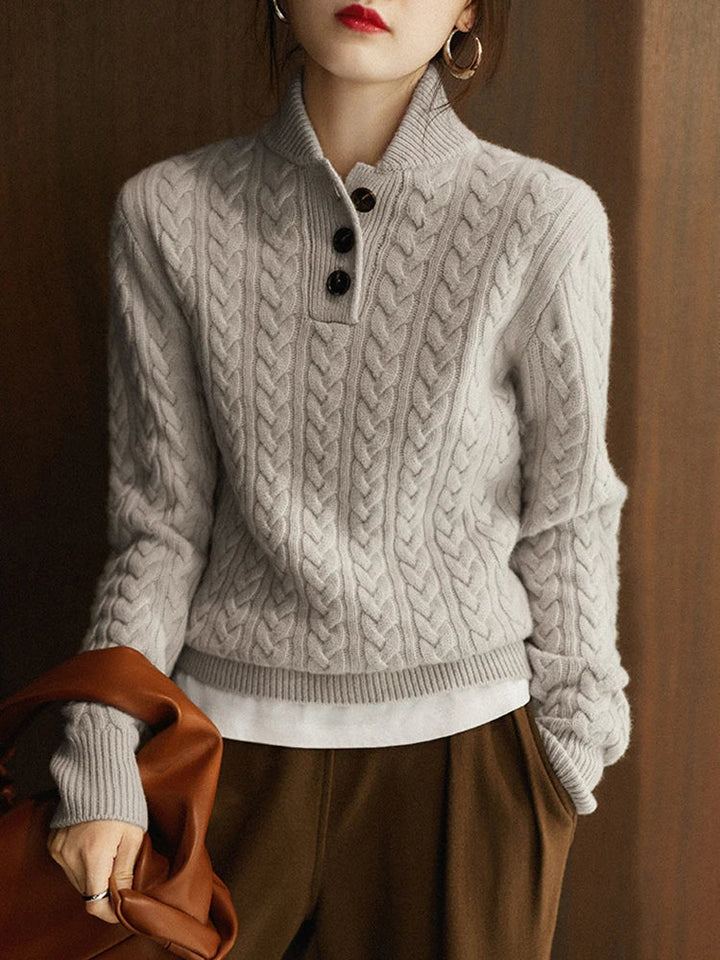 Laura | Relaxed Cable Knit Button-Up Turtleneck Sweater