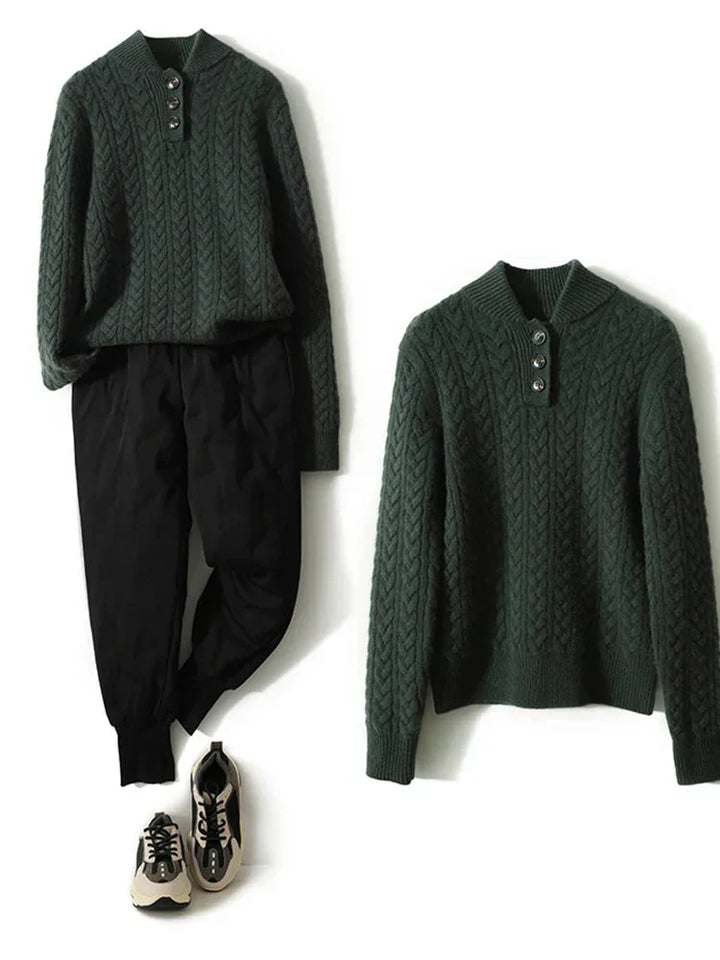 Laura | Relaxed Cable Knit Button-Up Turtleneck Sweater