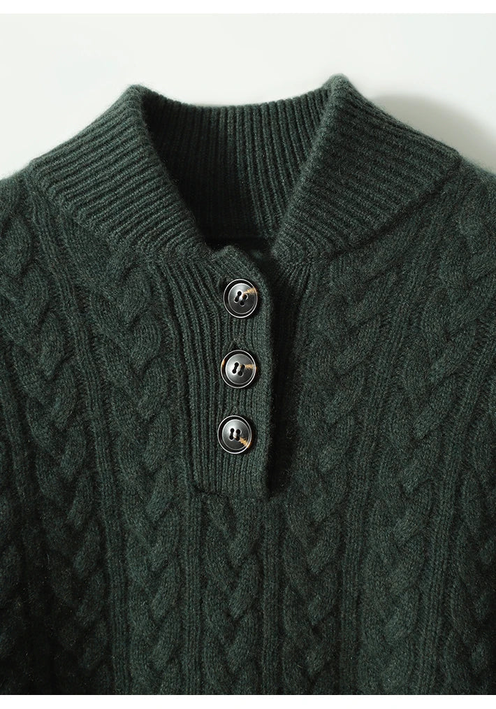 Laura | Relaxed Cable Knit Button-Up Turtleneck Sweater
