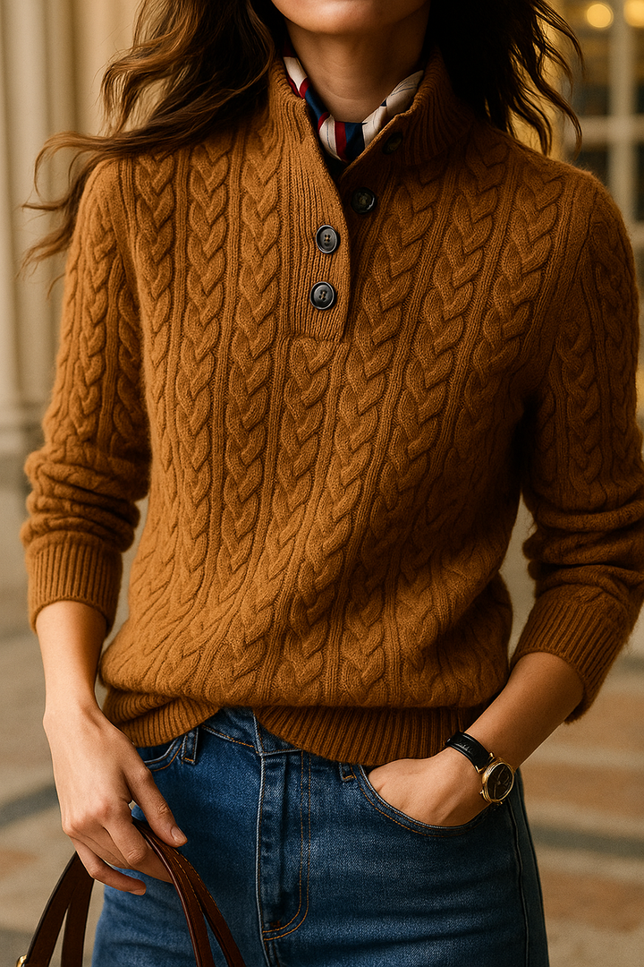 Laura | Relaxed Cable Knit Button-Up Turtleneck Sweater