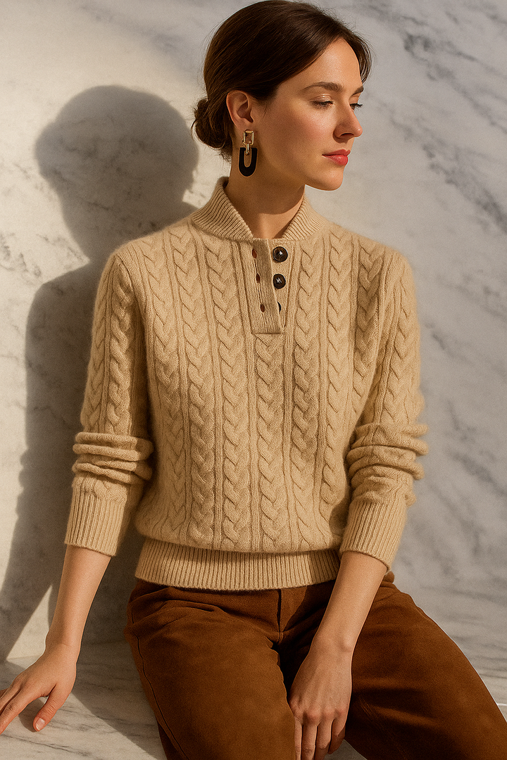 Laura | Relaxed Cable Knit Button-Up Turtleneck Sweater