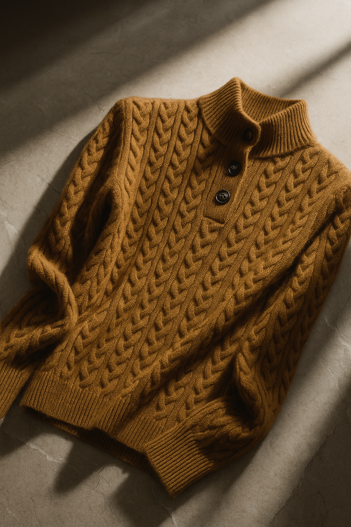 Laura | Relaxed Cable Knit Button-Up Turtleneck Sweater