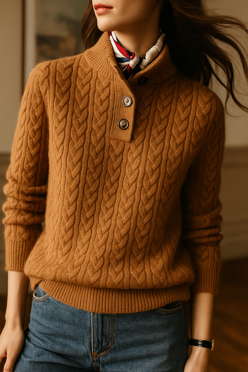 Laura | Relaxed Cable Knit Button-Up Turtleneck Sweater
