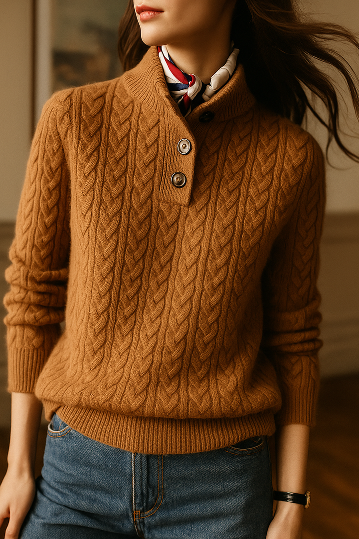 Laura | Relaxed Cable Knit Button-Up Turtleneck Sweater