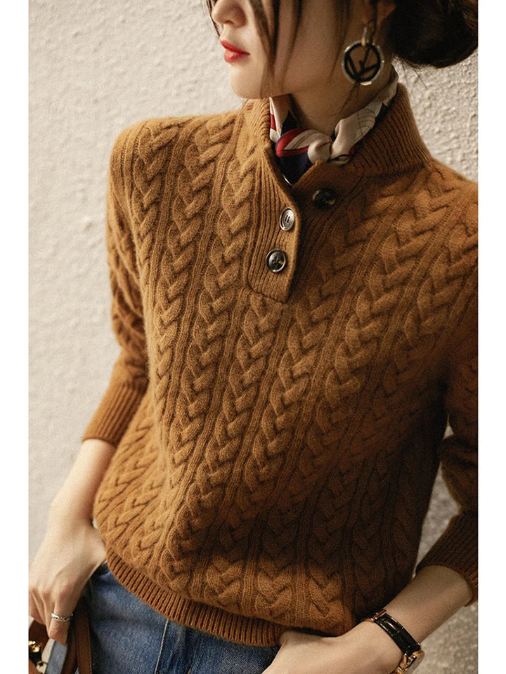 Laura | Relaxed Cable Knit Button-Up Turtleneck Sweater