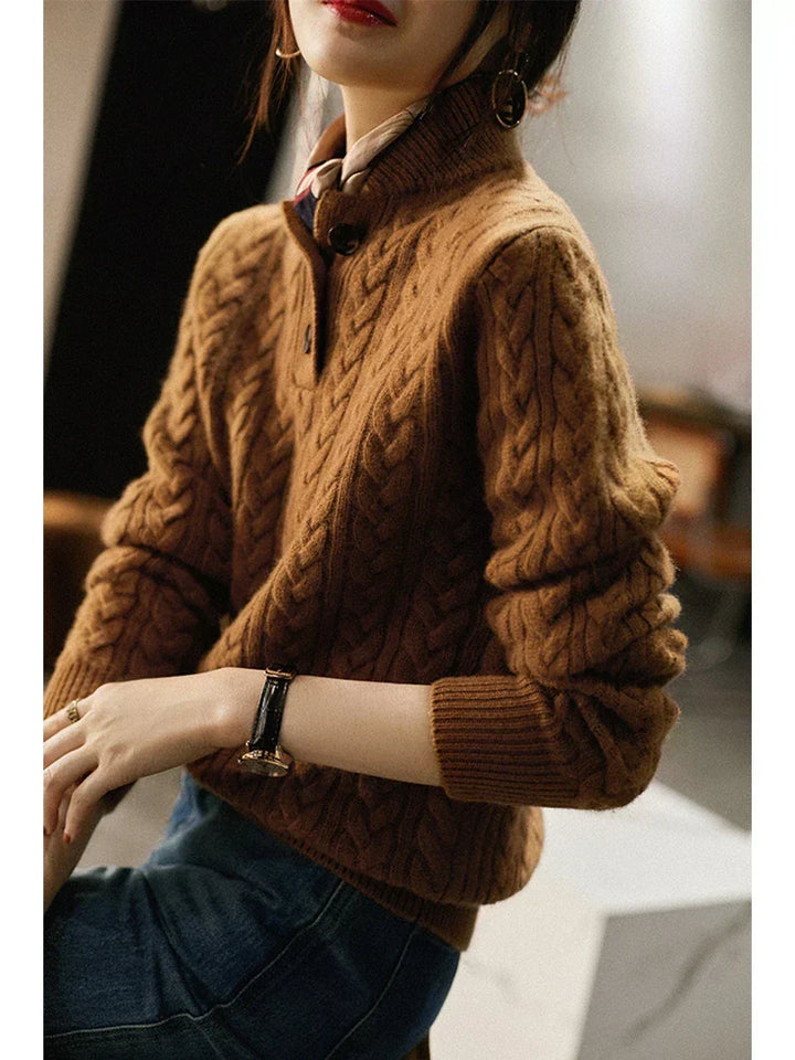 Laura | Relaxed Cable Knit Button-Up Turtleneck Sweater