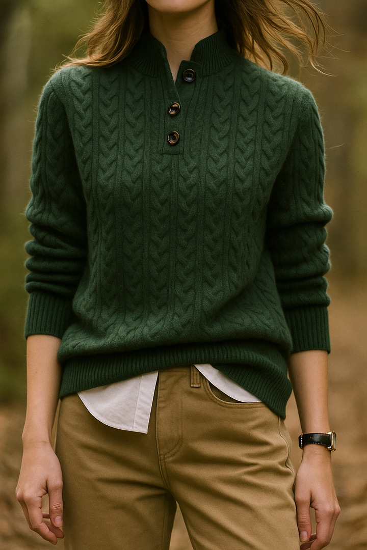 Laura | Relaxed Cable Knit Button-Up Turtleneck Sweater