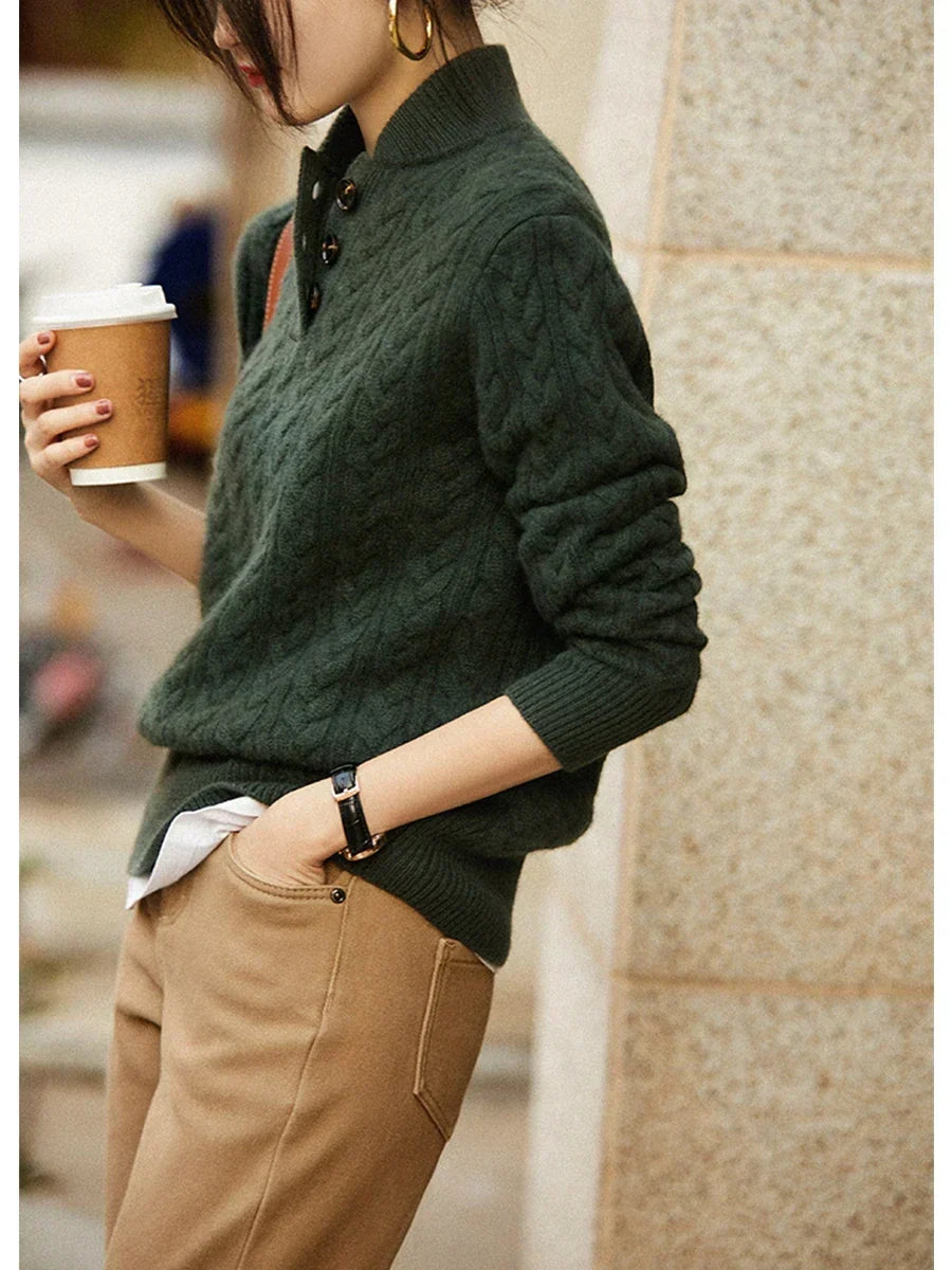 Laura | Relaxed Cable Knit Button-Up Turtleneck Sweater