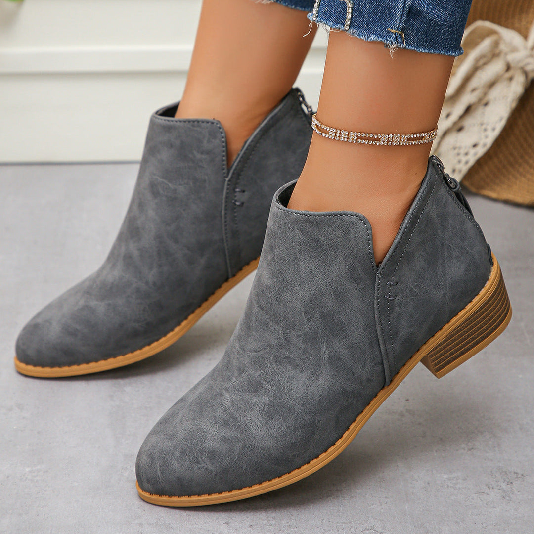 Lauren | Relaxed V-Cut Ankle Boots with Stacked Block Heel