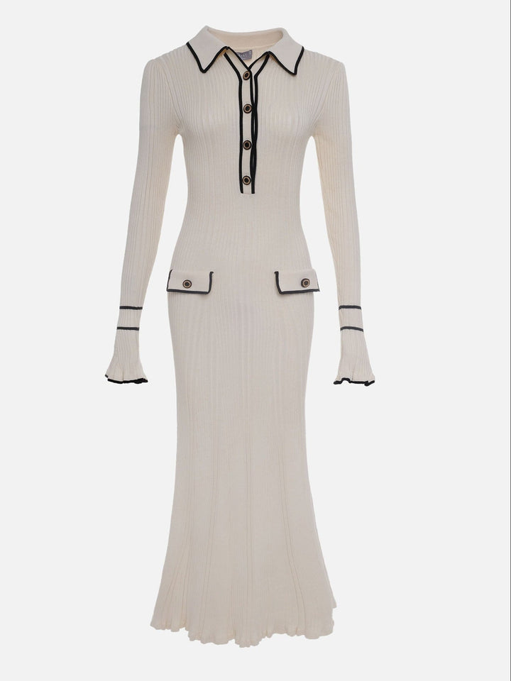 Lauren | Ribbed Collared Long Sleeve Midi Sweater Dress