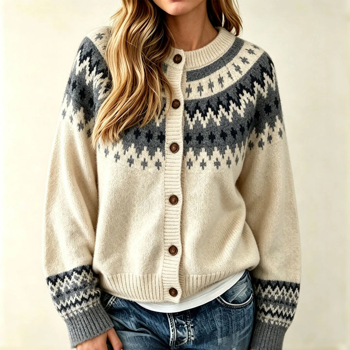 Linda | Timeless Fair Isle Cardigan Womens Crew Neck Sweater