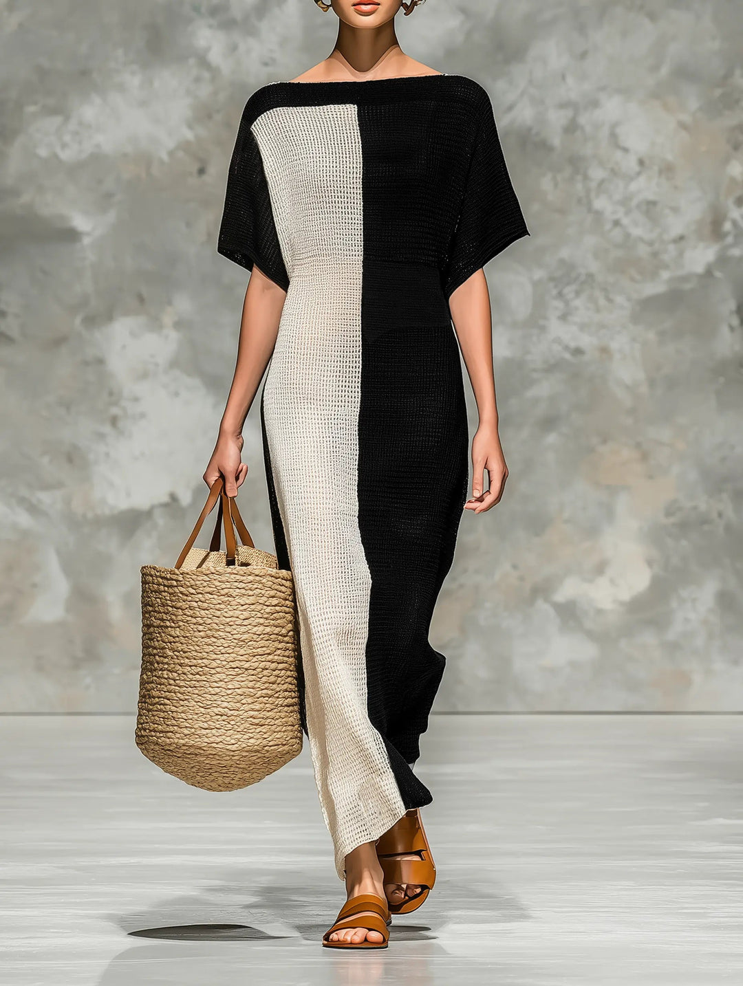 Lisa | Elegant Colorblock Knit Boat Neck Sweater Dress