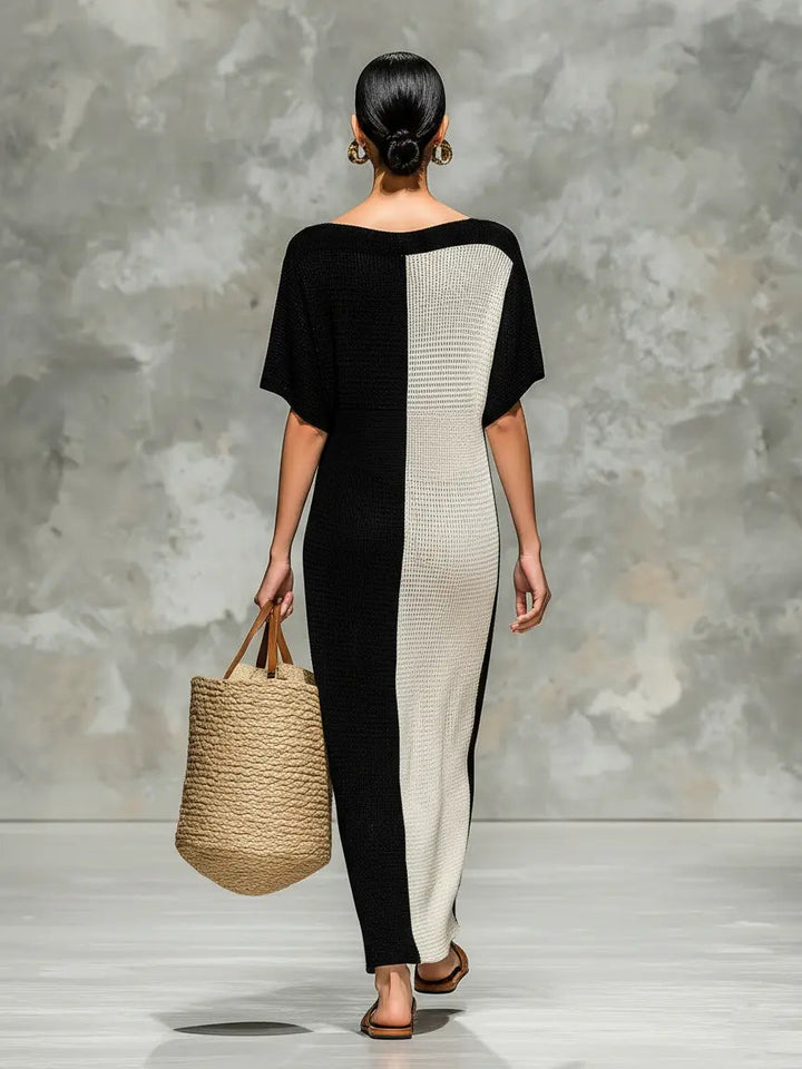 Lisa | Elegant Colorblock Knit Boat Neck Sweater Dress