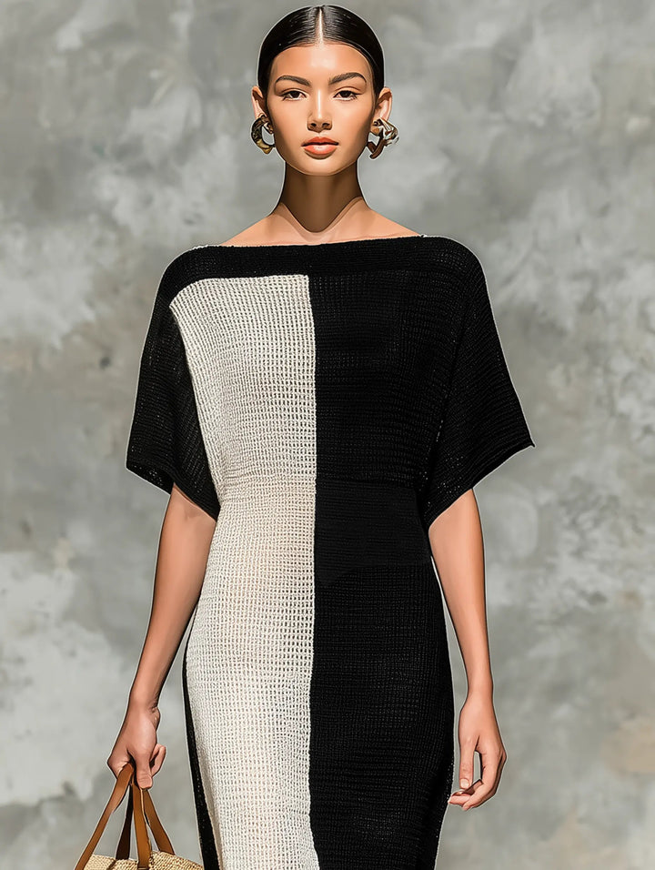 Lisa | Elegant Colorblock Knit Boat Neck Sweater Dress