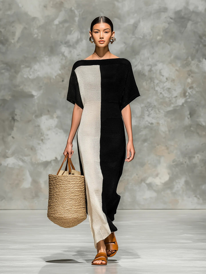 Lisa | Elegant Colorblock Knit Boat Neck Sweater Dress
