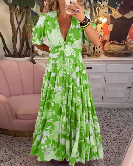 Lori | Polished Floral V-Neck Holiday Dress Maxi