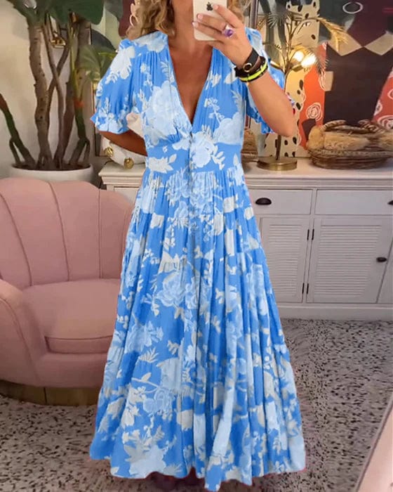 Lori | Polished Floral V-Neck Holiday Dress Maxi