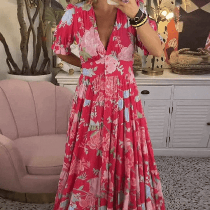Lori | Polished Floral V-Neck Holiday Dress Maxi