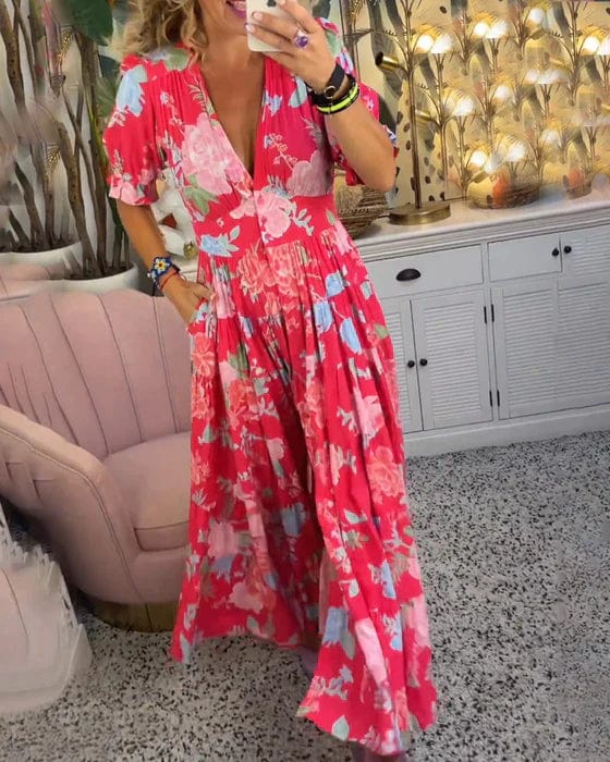Lori | Polished Floral V-Neck Holiday Dress Maxi
