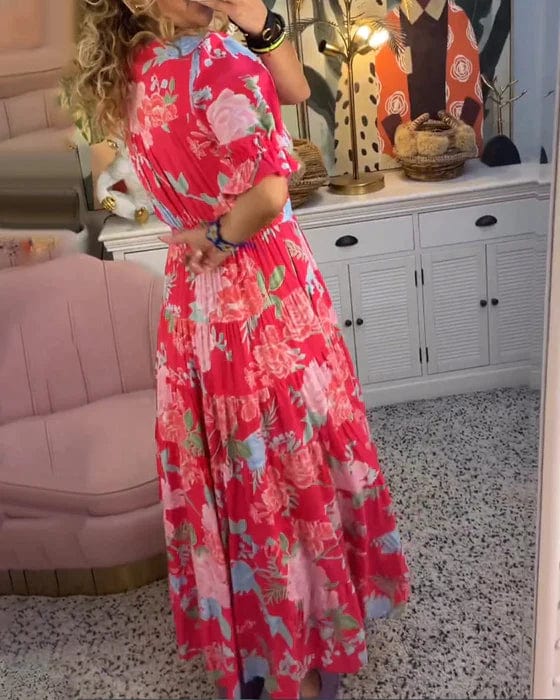 Lori | Polished Floral V-Neck Holiday Dress Maxi