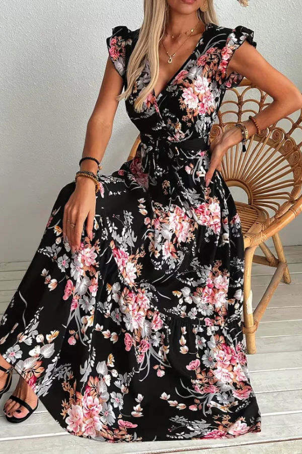 Lori | Refined Floral V-Neck Fall Wedding Guest Dress