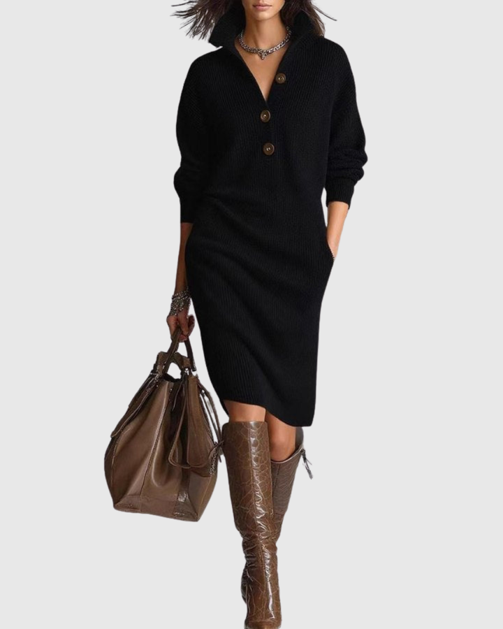 Madison | Chic Ribbed Knit Winter Dress with Button Collar