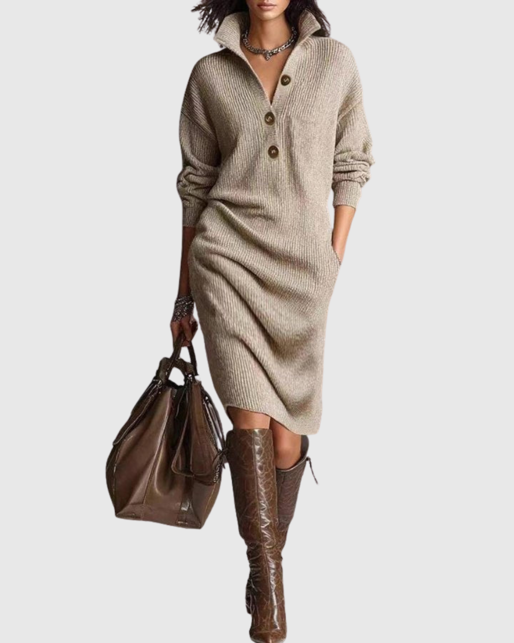 Madison | Chic Ribbed Knit Winter Dress with Button Collar