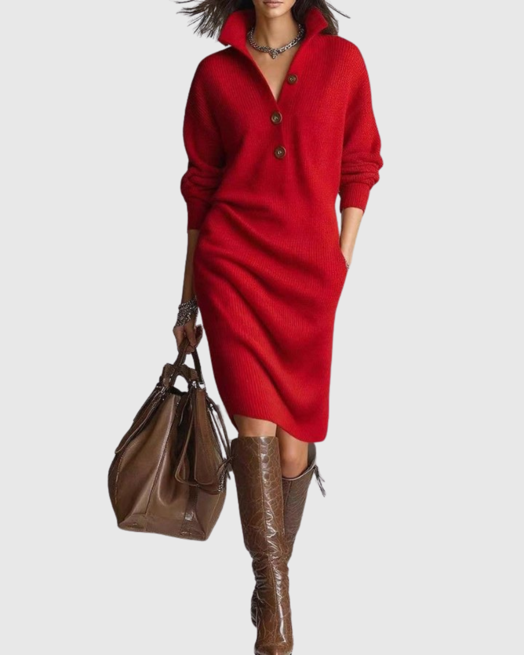 Madison | Chic Ribbed Knit Winter Dress with Button Collar