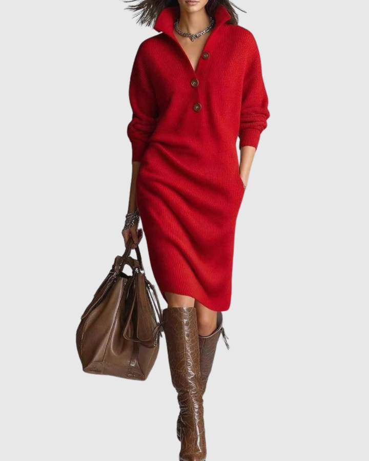 Madison | Chic Ribbed Knit Winter Dress with Button Collar