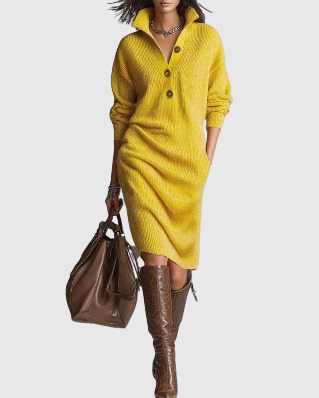 Madison | Chic Ribbed Knit Winter Dress with Button Collar
