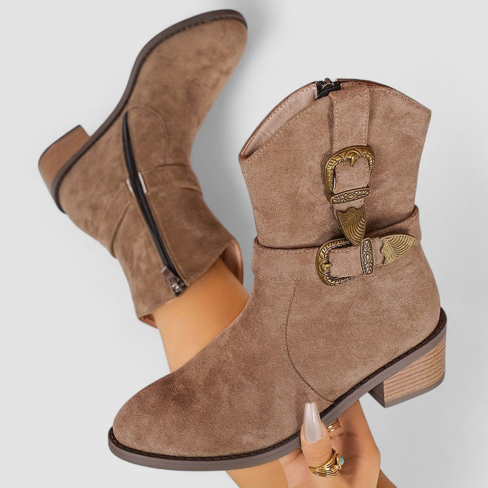 Madison | Effortless Western Buckle Block Heel Ankle Boots