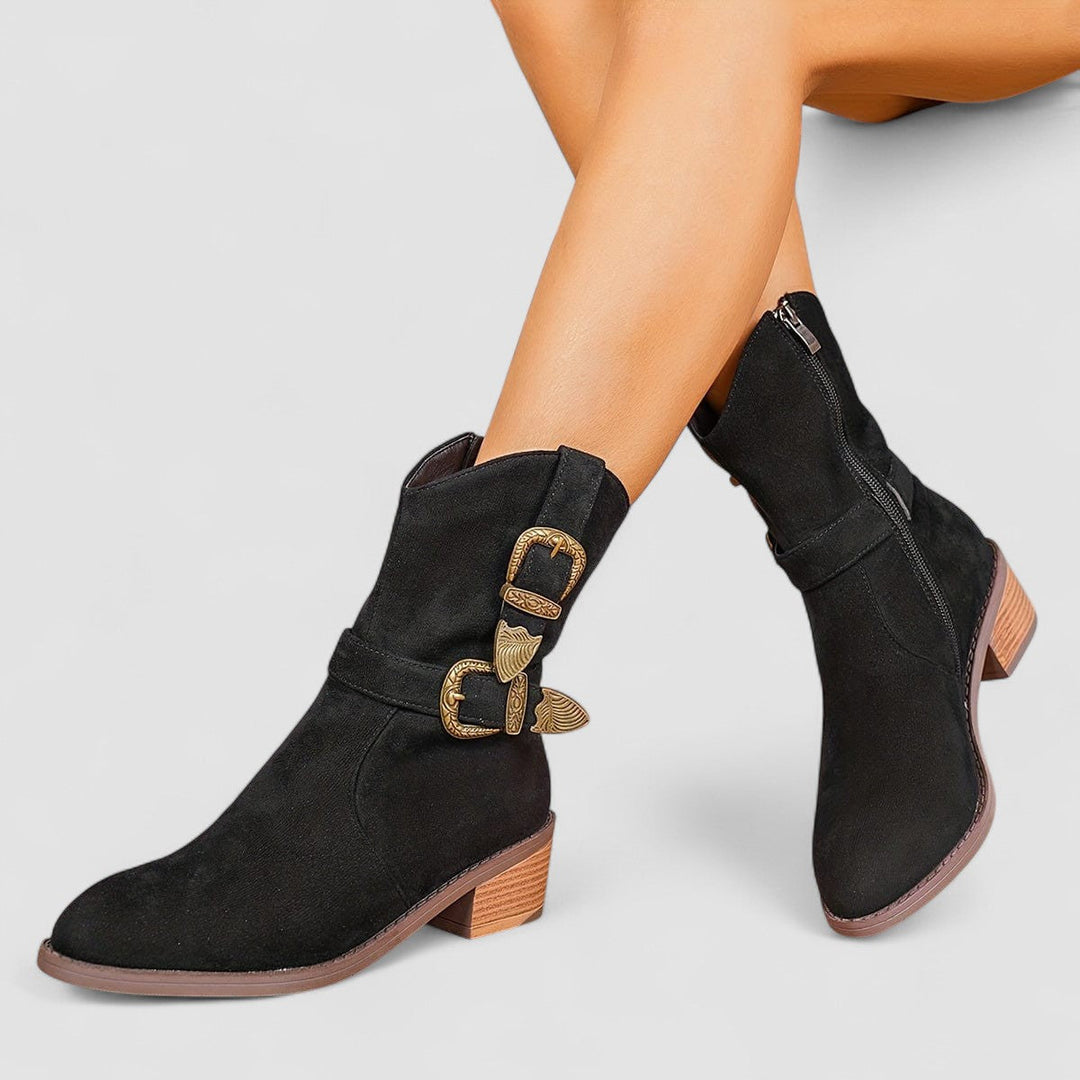 Madison | Effortless Western Buckle Block Heel Ankle Boots