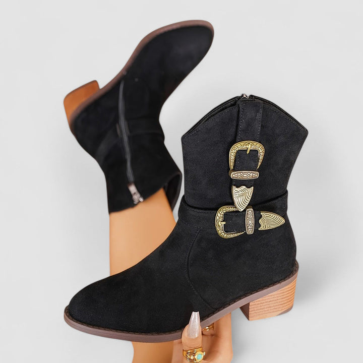 Madison | Effortless Western Buckle Block Heel Ankle Boots