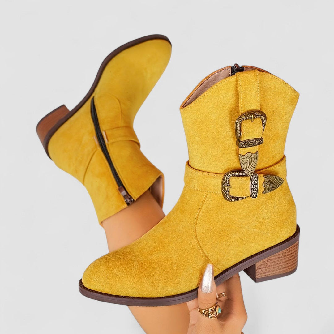 Madison | Effortless Western Buckle Block Heel Ankle Boots