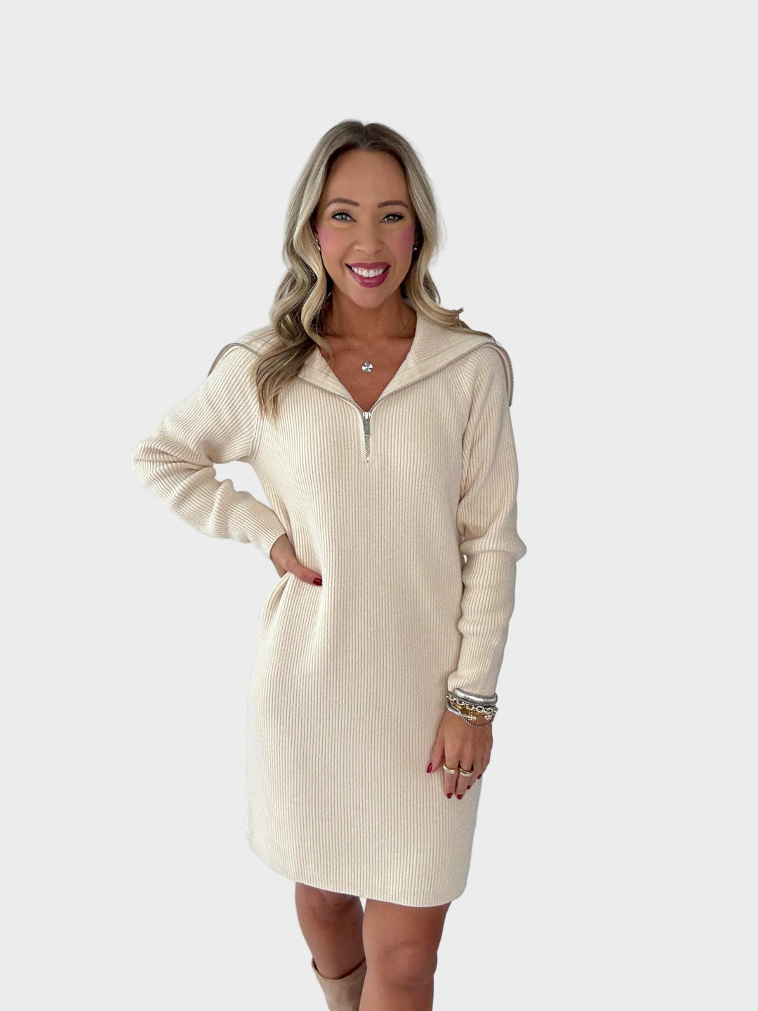 Madison | Elegant Half Zip Ribbed Knit Sweater Dress